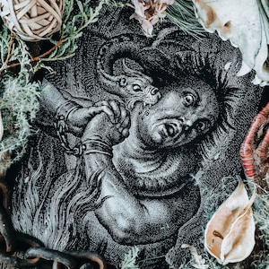 Peut inclure: Une gravure en noir et blanc représentant une personne attaquée par un serpent. La gravure est entourée d'éléments naturels comme des pommes de pin, des branches et des fleurs séchées.
