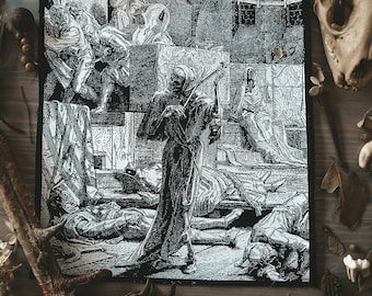 May include: Black and white patch featuring a detailed illustration of a skeletal figure playing a violin amidst a scene of death and despair. The artwork depicts figures in medieval attire, with a skull and other gothic elements.