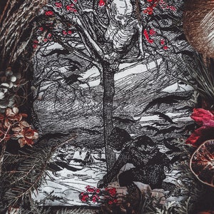 May include: A black and white illustration depicting a skeletal figure perched in a tree laden with red berries. Crows circle the figure against a backdrop of a stormy sky. A small village is visible in the distance.