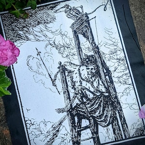 May include: A black and white illustration depicting a skeleton figure seated on a guillotine. The figure is crowned and holds a spear. The background shows a cloudy sky and the guillotine's blade is raised.