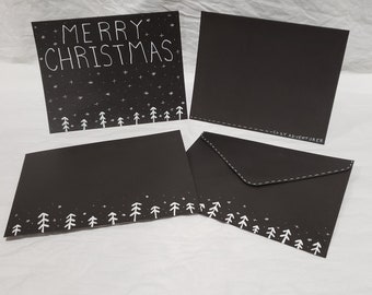 Set of 5 handcrafted b&w Christmas cards and envelopes