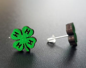 4-H Wooden Clover Stud, Stainless-Steel Hypoallergenic Earrings.
