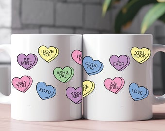Personalized Valentines Day Coffee Mug, Candy Heart Mug, Conversation Heart Mug, Mug with Hearts, Name and Dates Heart Mug gift