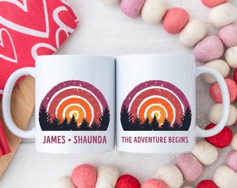 Mr Mrs Mugs, Custom Couple Mug Set, Unique Wedding Gift, His and Hers Gift, Adventure begins, Engagement Bride and Groom Gift, camping