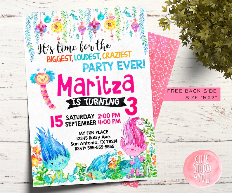 Trolls Celebration Birthday Invitation Card, Trolls Printable Invitation, Trolls Watercolor Card photo regarding Trolls Printable Invitations referred to as Trolls Occasion Birthday Invitation Card, Trolls Printable Invitation, Trolls Watercolor Card