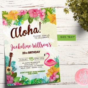 Aloha Birthday Party Invitation, Digital Luau Party Invitation, Hawaiian Invite, Customizable tropical Printable invite