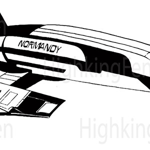 May include: A black and white illustration of a spaceship with the text "NORMANDY" on the side. The spaceship has a long, narrow body with a pointed nose and a large, flat wing on each side. The spaceship is flying through space.