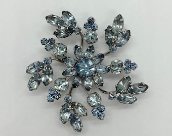 Vintage 1950/'s  Continental Blue Rhinestone Brooch and Earrings Set Signed