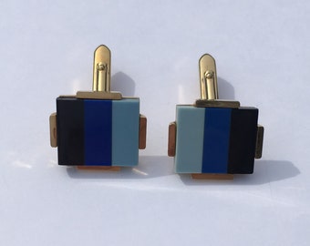 Classic set of blue and black Cufflinks in gold tone setting - Circa 1960s