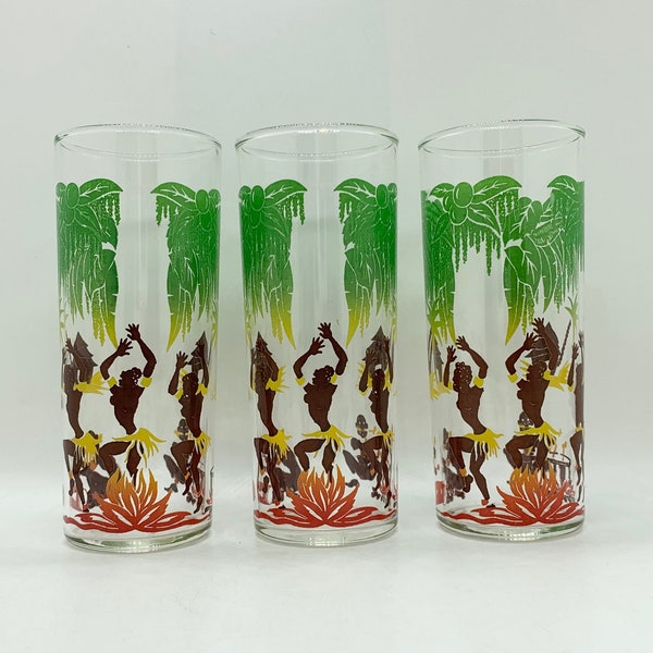 Federal Glass Caveman Glasses - Three Drinking Glasses - Barware - Tiki Bar - High Ball Glasses