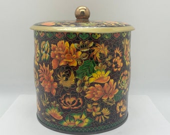 Floral Daher Long Island NY 11101 Container - Made in England - Tea / Candy / Cookie / Biscuit Tin - Cloisonné Style
