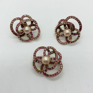 Carolee - Signed - Designer - Pink Crystal and Faux Pearl - Brooch and Pierced Earrings