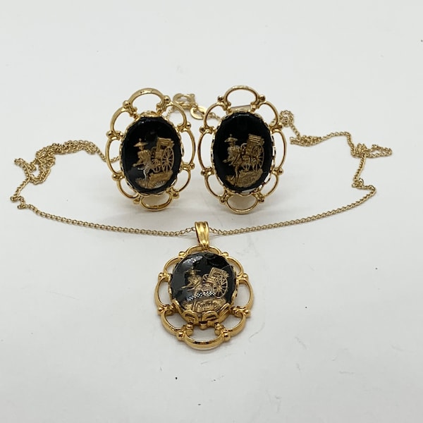 Shakudo / Damascene Style - Rickshaw Necklace with Matching Clip-on Earrings