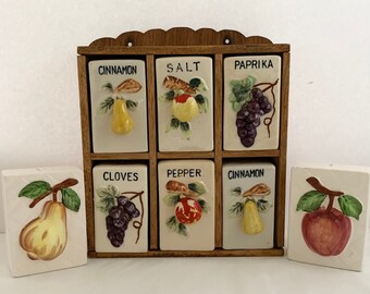 Ceramic Spice Set on Wooden Shelf with Bonus Salt and Pepper