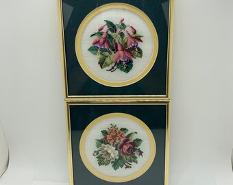 Pair of Framed 3 Strand Petit Point / Needlepoint Pictures - Florals in Square Frames - Don Hay