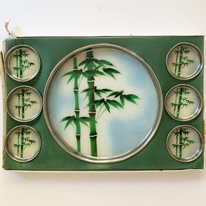 Serving Tray and Coasters Set - Bamboo - Ceramic (?) and Silver Metal - Original Box