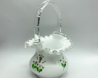 Fenton Hand Painted Basket - White to Clear Glass - Artist Signed - Original Tags