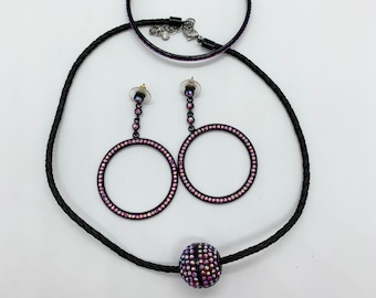 FAC - Fifth Avenue Collection - Jewelry Set - Necklace - Pierced Earrings - Bangle Bracelet - Pink Crystals - Disco Ball