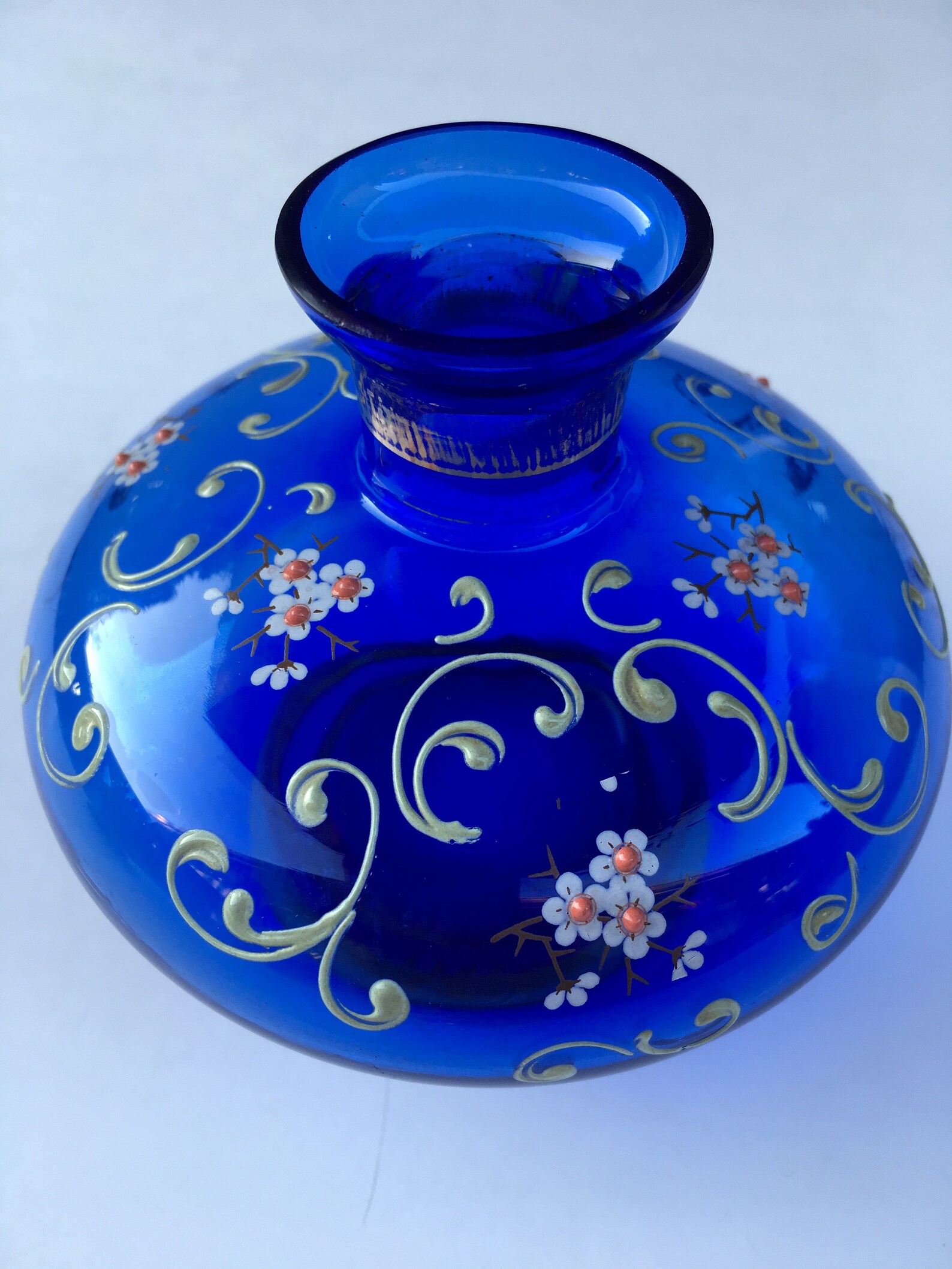 Hand Painted Blue Glas Vase with Gold Trim Etsy