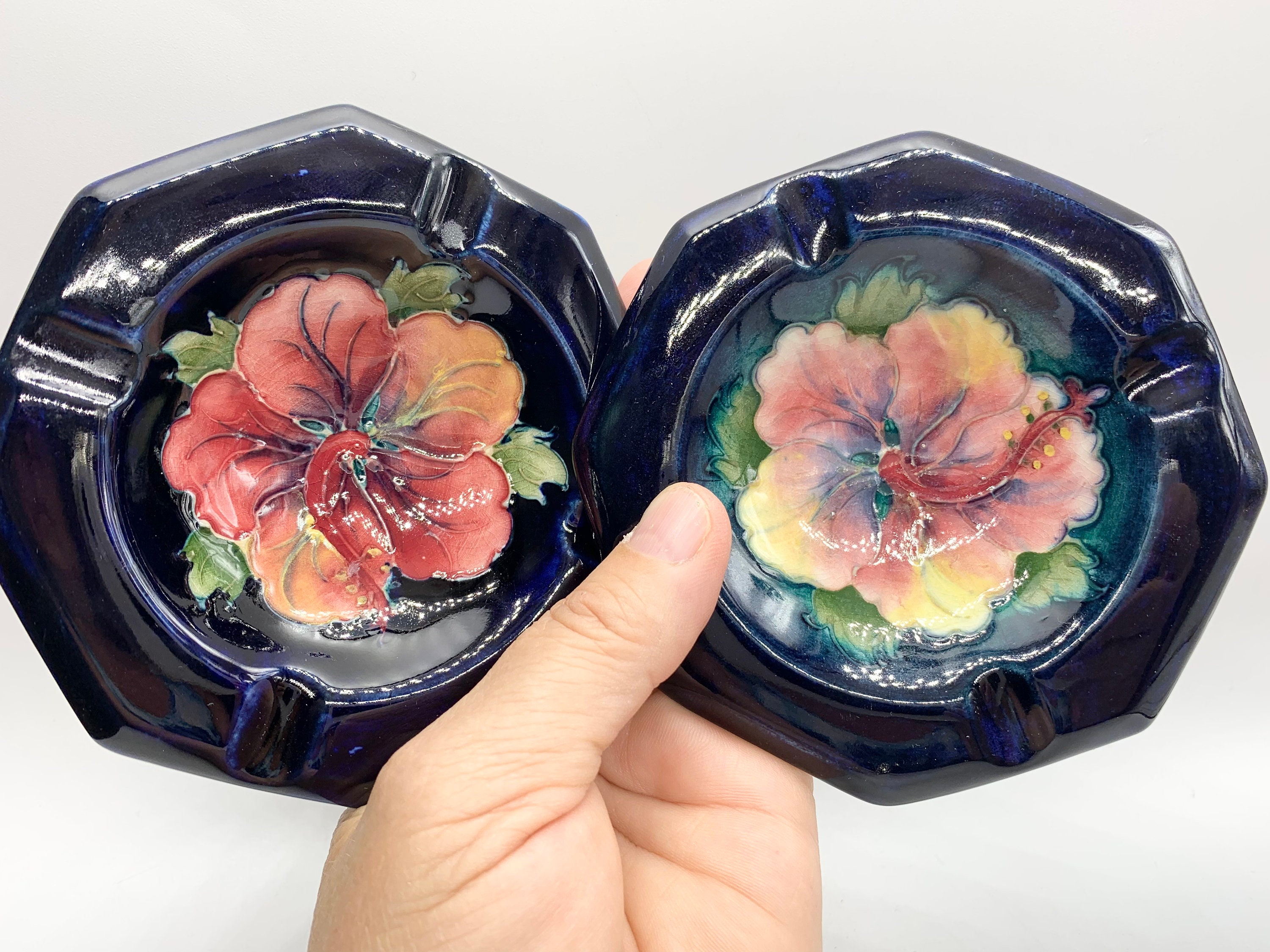 Pair of Moorcroft Hibiscus Ashtrays Cobalt Blue Individual Etsy