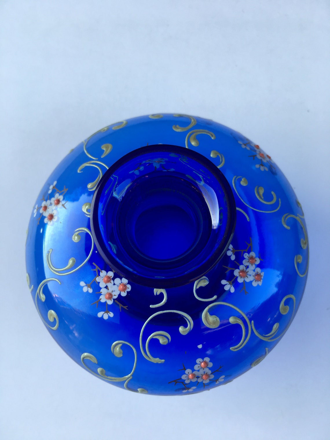 Hand Painted Blue Glas Vase with Gold Trim Etsy