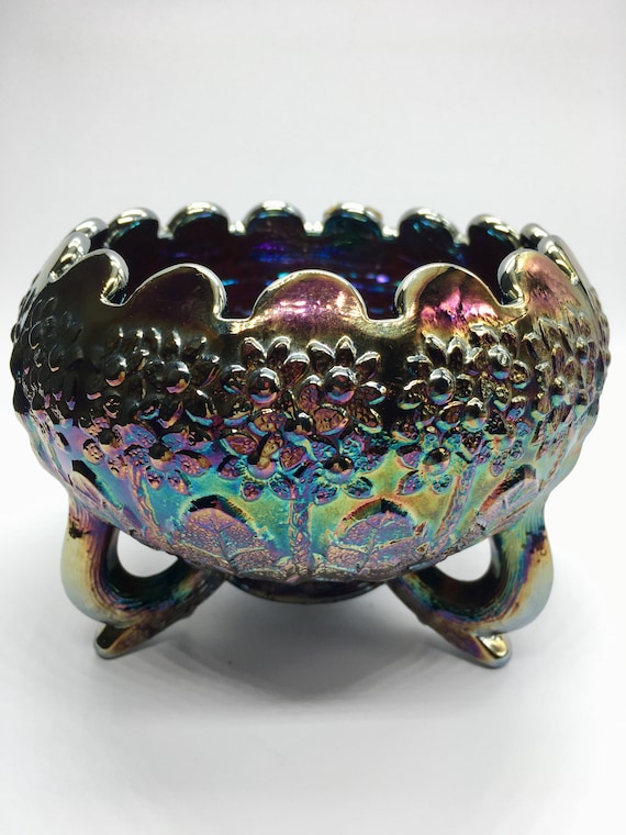 Fenton Carnival Glass Footed Bowl - Fenton's Flowers / Orange Tree