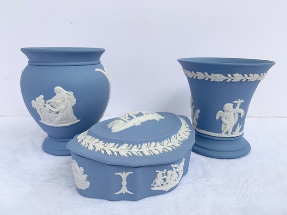 Trio of Wedgwood Blue Jasper Ware - Small Vases and Lidded
