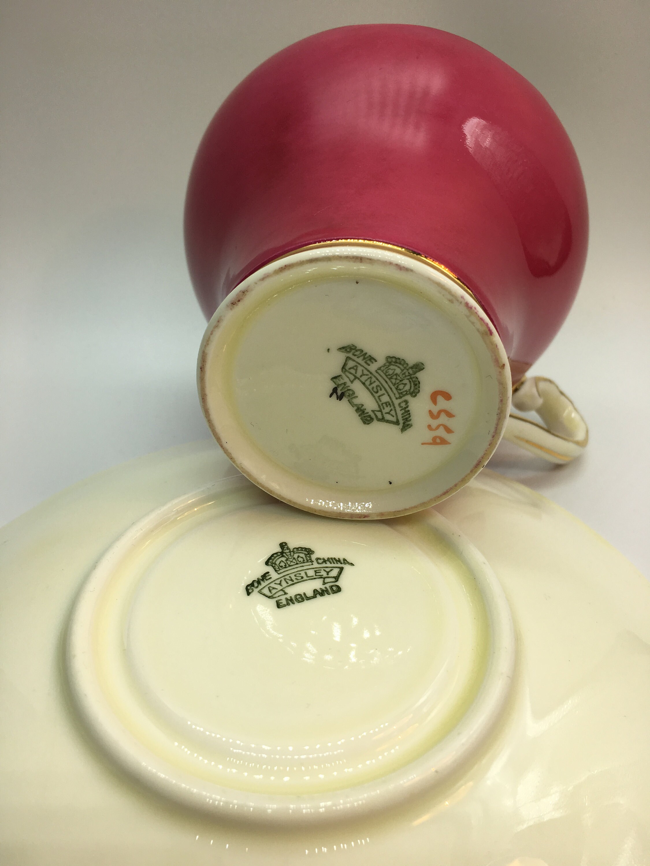 Aynsley, Bone China Cup and Saucer - Raspberry Red / Burgundy With