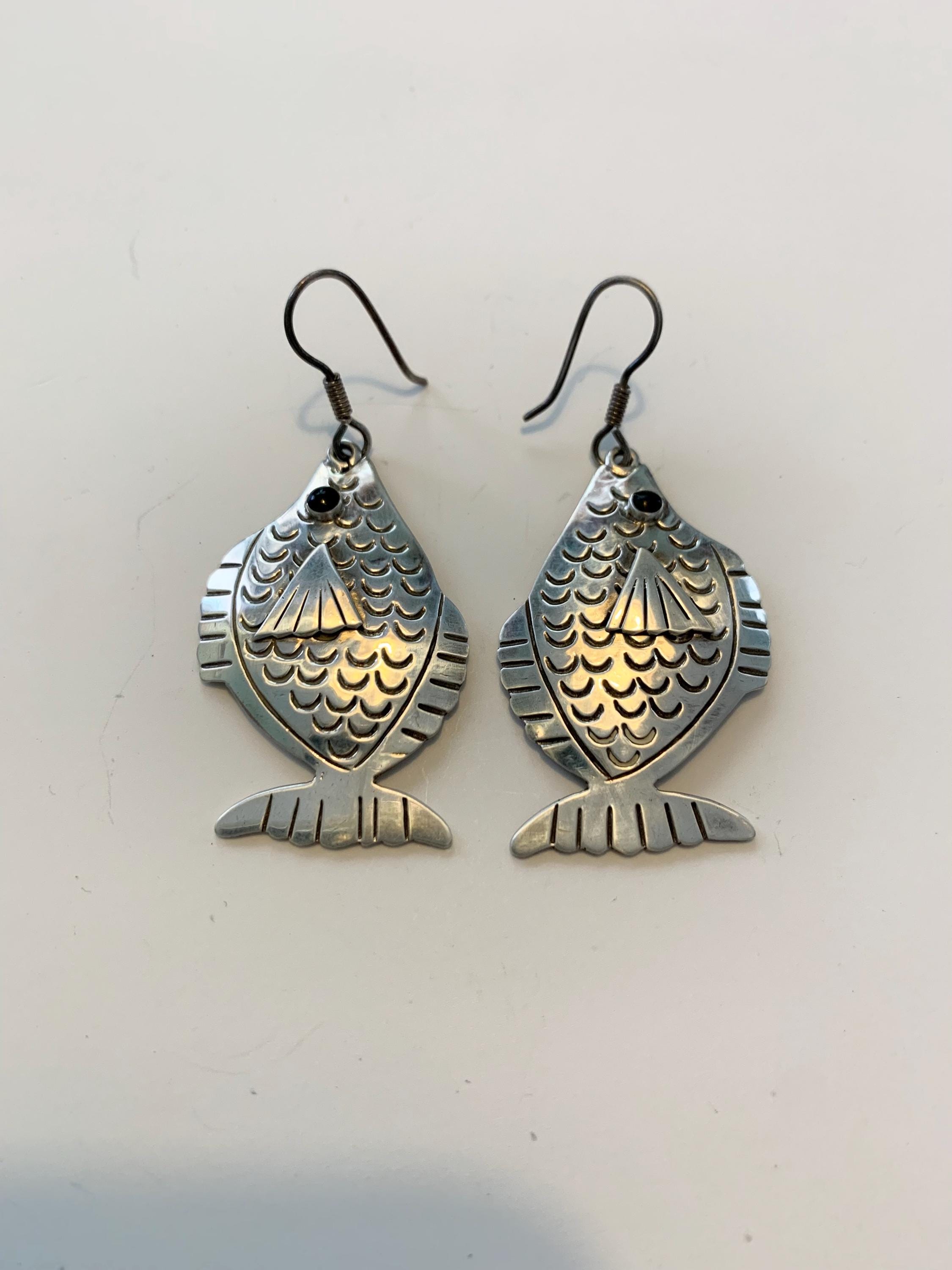 Dangling Fish - 925 Silver - Pierced Earrings - Taxco Mexico TS-99