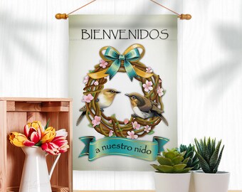 Bienvenidos a Nuestro Nido Bird Garden Flag Outdoor Decorative Yard House Banner Double Sided-Readable Both Sides Made In USA