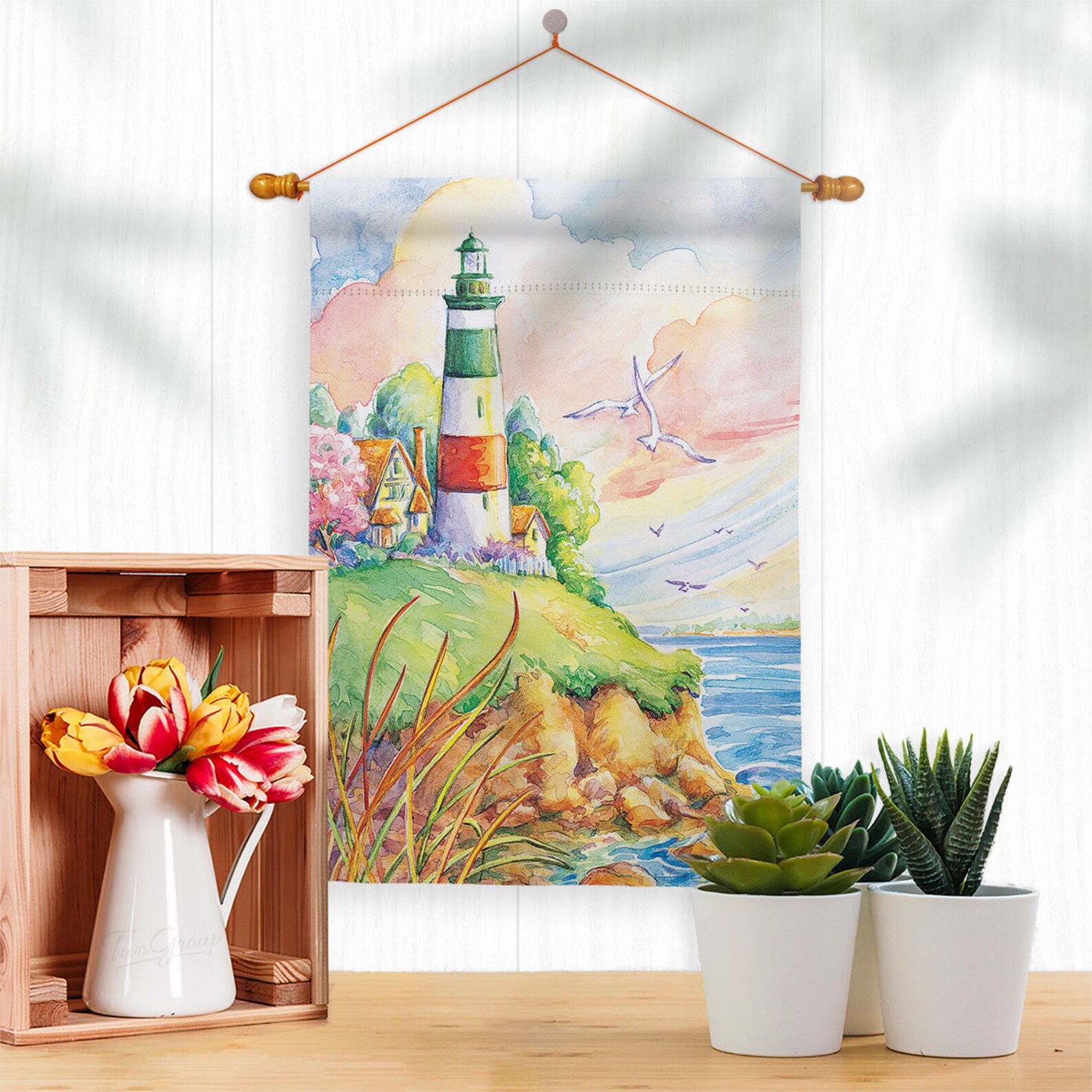 Cliff lighthouse nautical garden flag