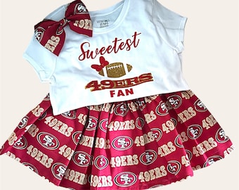 Regalo de bebé de los 49ers, traje de niña de los 49ers, conjunto de fútbol de San Francisco para niñas, equipo para fanáticos de los 49ers, traje del día del juego, camisa de bebé, regalo, lazo para el cabello