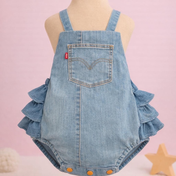 Signature Ruffle Butt Denim Romper – Upcycled Levi’s Baby Outfit