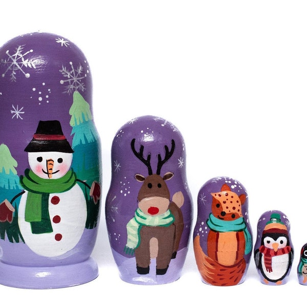 Handmade Christmas Nesting Dolls: Woodland Creatures, 5-Doll Set