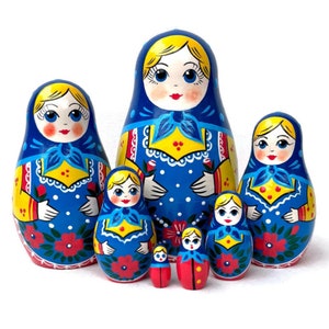 Blue Babushka Nesting Dolls: Handmade Wooden Montessori Toy