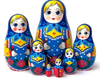 Blue Babushka Nesting Dolls: Handmade Wooden Montessori Toy