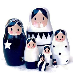 Modern Black and White Nesting Dolls: Handmade Wooden Montessori Toy (7 Dolls)