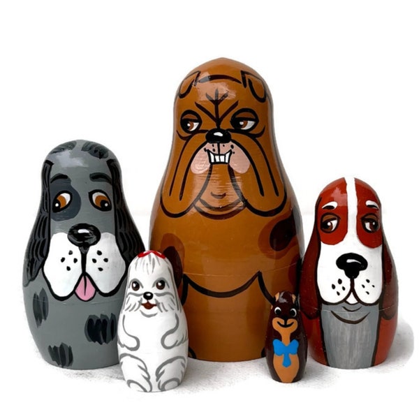 Handmade Wooden Dog Nesting Dolls: Bulldog, Poodle - 5 Piece Set