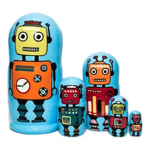 Handmade Robot Nesting Dolls: Wooden Montessori Toy, 5 Piece Set