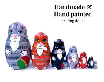Handmade Cat Nesting Dolls: Whimsical Hand-Painted Matryoshka Set