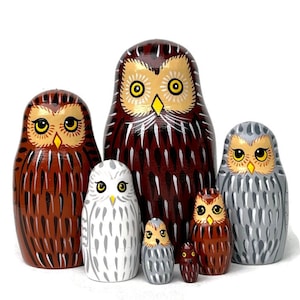 Hand-Painted Owl Nesting Dolls: Wooden Matryoshka Set (7 dolls)