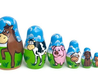 Handmade Farm Animal Nesting Dolls: Montessori Wooden Toy (7-piece