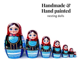 Bestselling Handmade Blue Babushka Nesting Doll Set, 7 Beauty Traditional Stacking Doll, Montessori Educational Toy, Christmas Gift for Kids