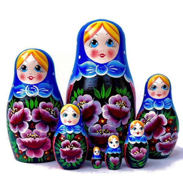Blaues Kopftuch Matryoshka Nesting Dolls für Kinder - Babuschka mit Blumen - Handgemachtes Holzspielzeug - Entwicklung von Fähigkeiten Montessori - Wohnkultur