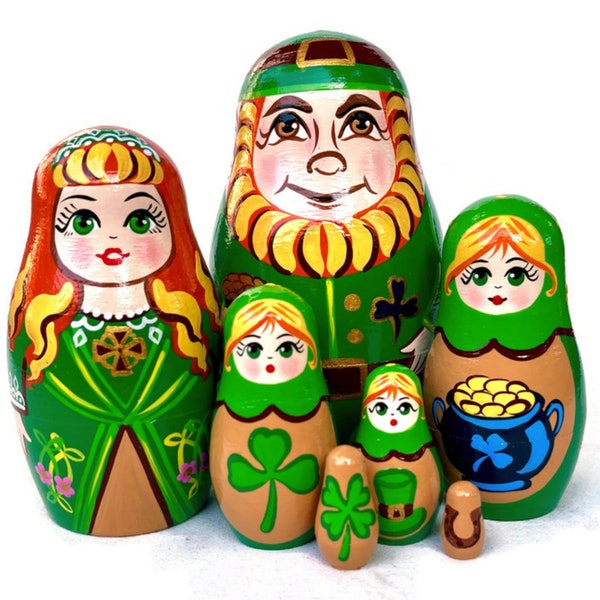 St. Patrick's Day Nesting Dolls Set - 7 dolls, Handmade Wooden Irish Gift, St Patrick day decor, St. Patrick's Day Decoration, Home Decor