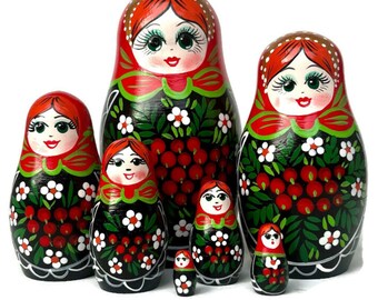 Handmade Nesting Dolls: Wooden Toy Puzzle with Berries & Flowers