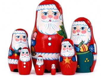 Hand-Painted Wooden Santa Nesting Dolls | Festive Matryoshka Set of 7