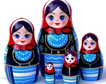 Bonecas Blue Babushka: Conjunto de brinquedos Montessori de madeira feitos à mão
