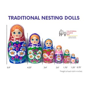 May include: A set of 7 traditional Russian nesting dolls, also known as Matryoshka dolls. The dolls are painted with colorful floral patterns and feature smiling faces. The largest doll is 5.9 inches tall and the smallest is 0.75 inches tall. *height of each doll in inches