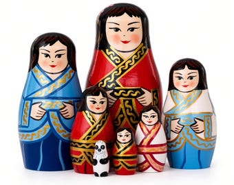 Chinese Traditional Costume Nesting Dolls Set of 7 | Hand Painted Wooden Matryoshka with Panda